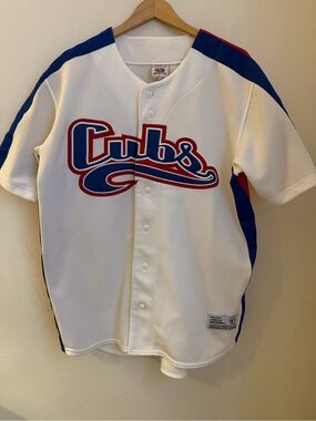 Cubs Men’s White Baseball Jersey with Blue & Red Trim